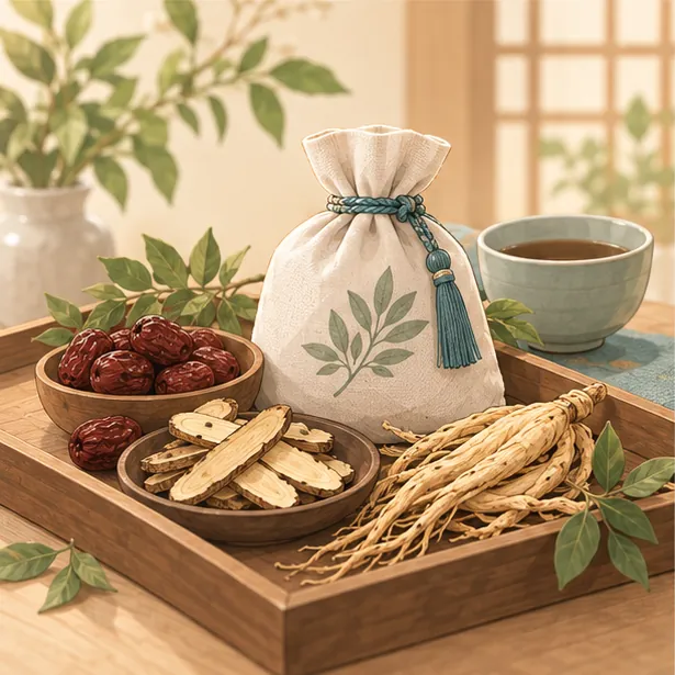 한약재(대추·감초·당귀)와 한약 파우치가 놓인 나무 쟁반