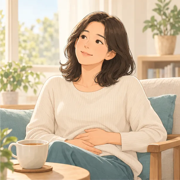아랫배에 손을 얹고 창가에 앉아 쉬는 30대 여성